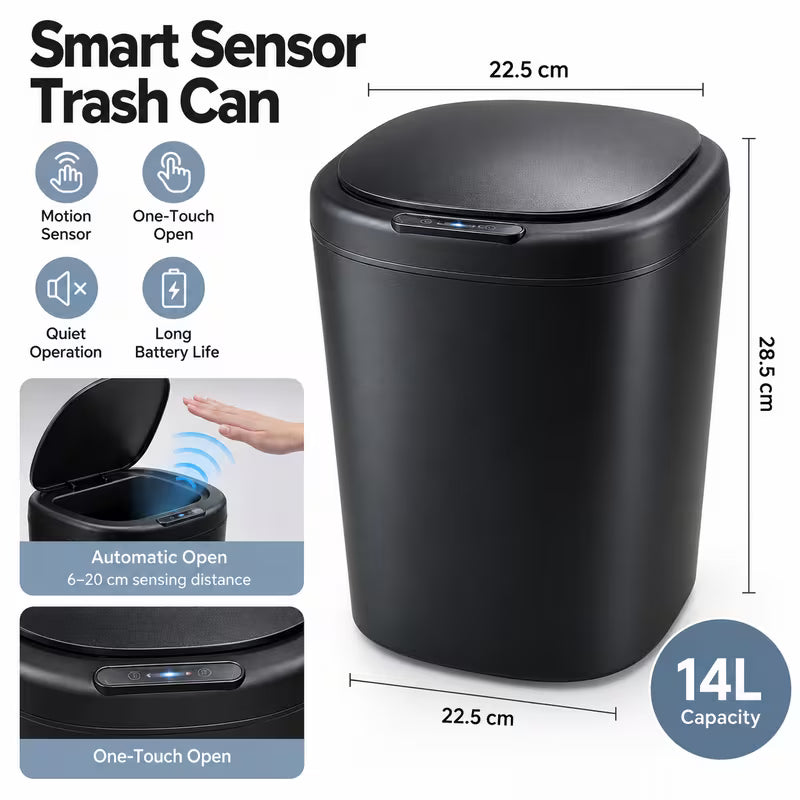Automatic Motion Sensor Black Trash Can with Lid, 14L Touchless Trash Bin for Bathroom, Office, RV, Bedroom, Living Room and Kitchen