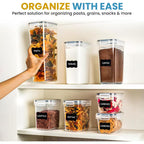 7 Pack Airtight Food Storage Containers with Lids, BPA Free Kitchen Storage Containers for Spaghetti, Pasta, Dry Food, Flour and Sugar, Plastic Canisters for Pantry Organization and Storage with 10 Chalkboard Stickers and Marker