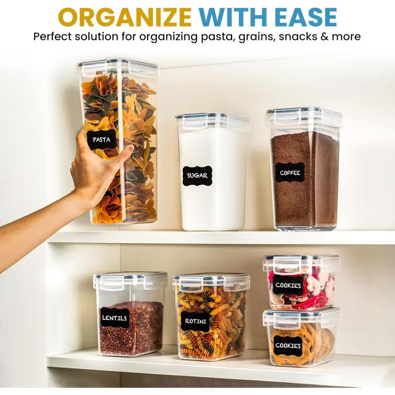 7 Pack Airtight Food Storage Containers with Lids, BPA Free Kitchen Storage Containers for Spaghetti, Pasta, Dry Food, Flour and Sugar, Plastic Canisters for Pantry Organization and Storage with 10 Chalkboard Stickers and Marker