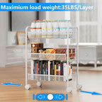 3-Tier Mesh Wire Rolling Storage Cart with Wheels and 4 Side Hooks - White