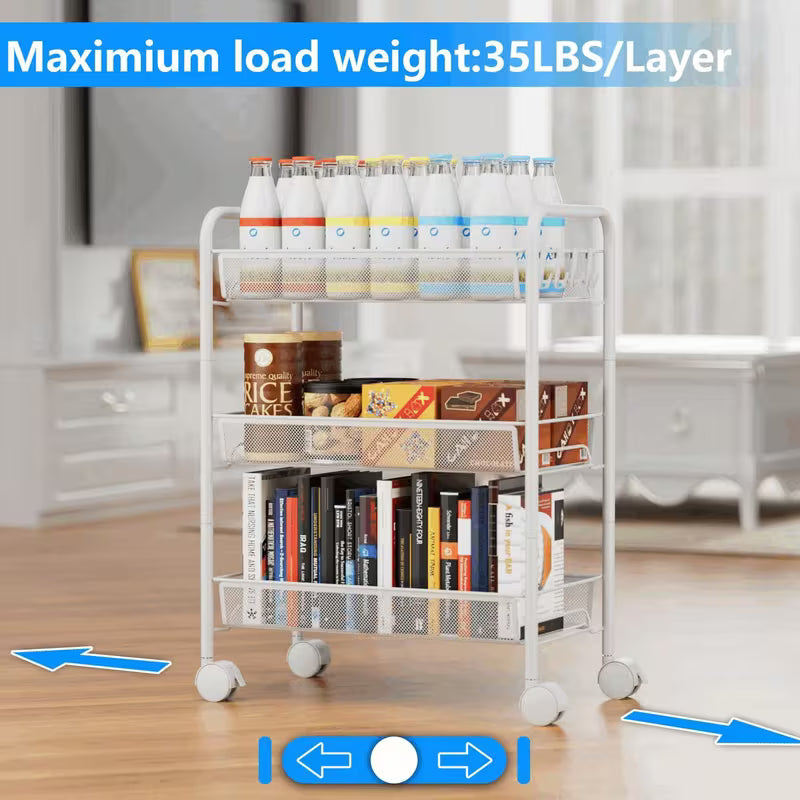 3-Tier Mesh Wire Rolling Storage Cart with Wheels and 4 Side Hooks - White