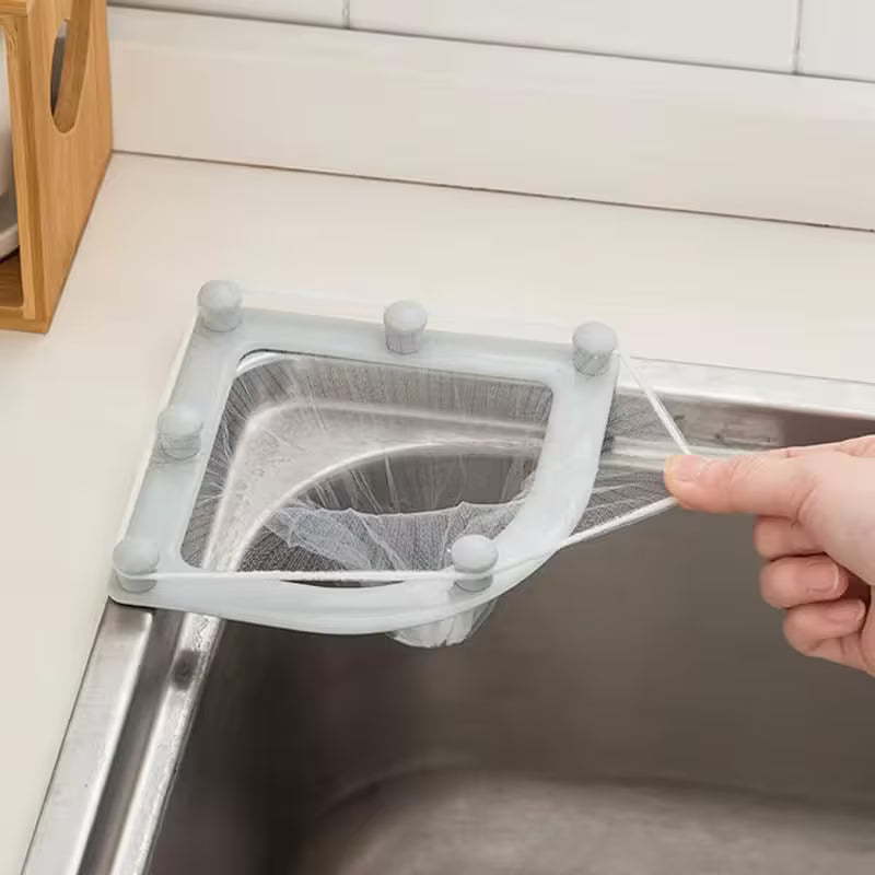 Triangular Kitchen Sink Strainer Rack with 50 Large Mesh Filter Bags - Grey