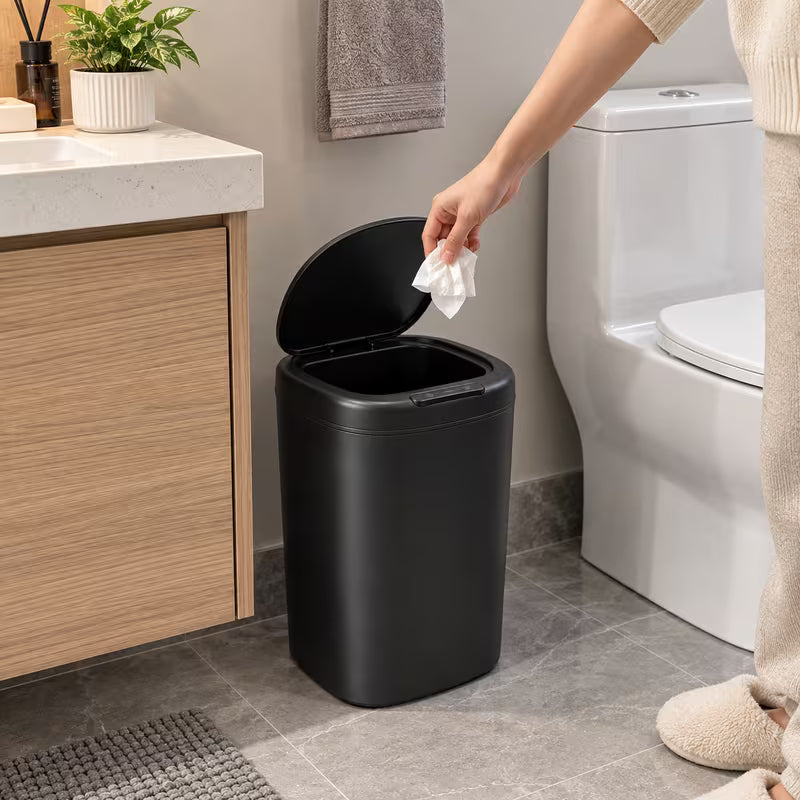 Automatic Motion Sensor Black Trash Can with Lid, 14L Touchless Trash Bin for Bathroom, Office, RV, Bedroom, Living Room and Kitchen