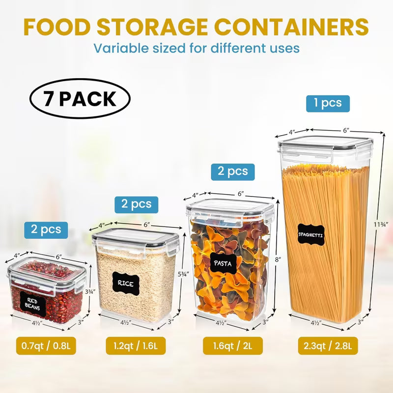 7 Pack Airtight Food Storage Containers with Lids, BPA Free Kitchen Storage Containers for Spaghetti, Pasta, Dry Food, Flour and Sugar, Plastic Canisters for Pantry Organization and Storage with 10 Chalkboard Stickers and Marker