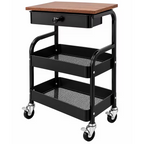 3-Tier Rolling Metal Storage Cart with Wooden Tabletop, Drawer and Lockable Wheels - Black, 40 x 31 x 75 cm