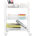 3-Tier Mesh Wire Rolling Storage Cart with Wheels and 4 Side Hooks - White