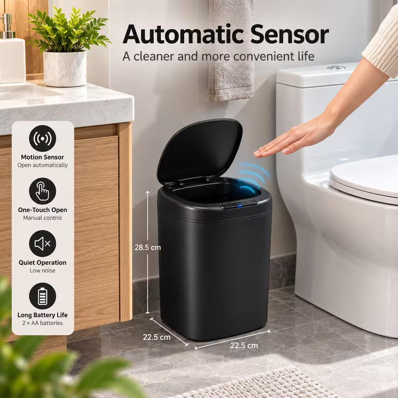 Automatic Motion Sensor Black Trash Can with Lid, 14L Touchless Trash Bin for Bathroom, Office, RV, Bedroom, Living Room and Kitchen