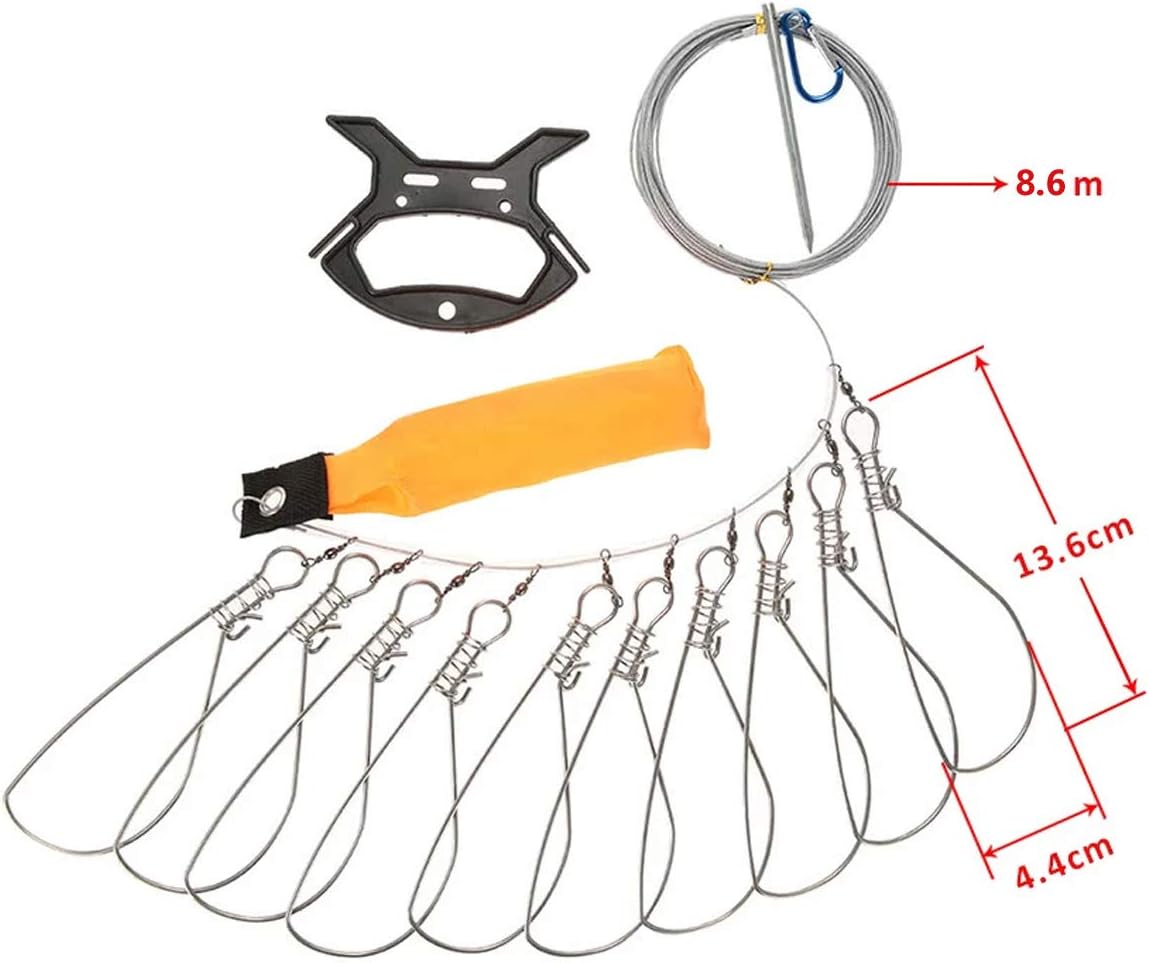Portable Fish Stringer Kit with Stainless Steel Large Buckle Lock - Includes 10 Snaps, Float, Plastic Handle & Carry Bag - Durable Fishing Gear Accessories for Live Fish Storage & Transport