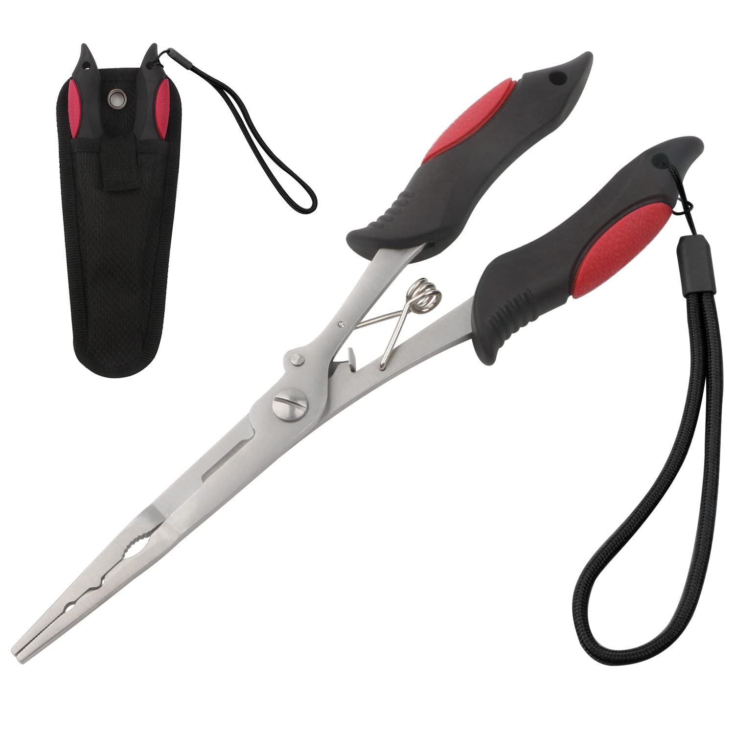 Fishing Pliers Stainless Steel Hook Remover Braid Cutter Rustproof Saltwater Split Ring Pliers Fishing Multi-Tools with Sheath and Lanyard