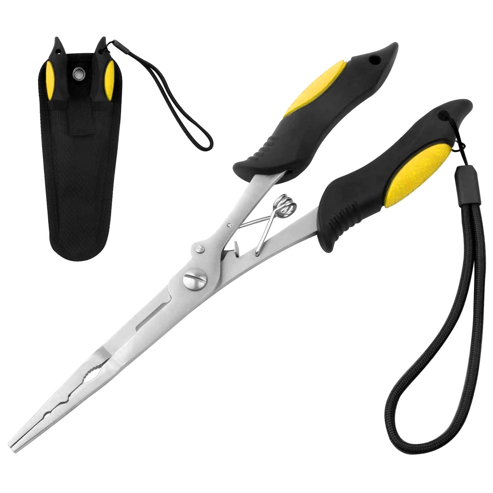Fishing Pliers Stainless Steel Hook Remover Braid Cutter Rustproof Saltwater Split Ring Pliers Fishing Multi-Tools with Sheath and Lanyard
