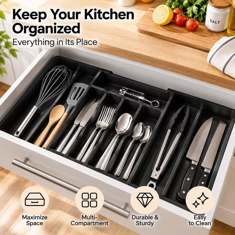 Large Expandable Cutlery Drawer Organizer - Adjustable Kitchen Tray for Spoons, Forks and Knives