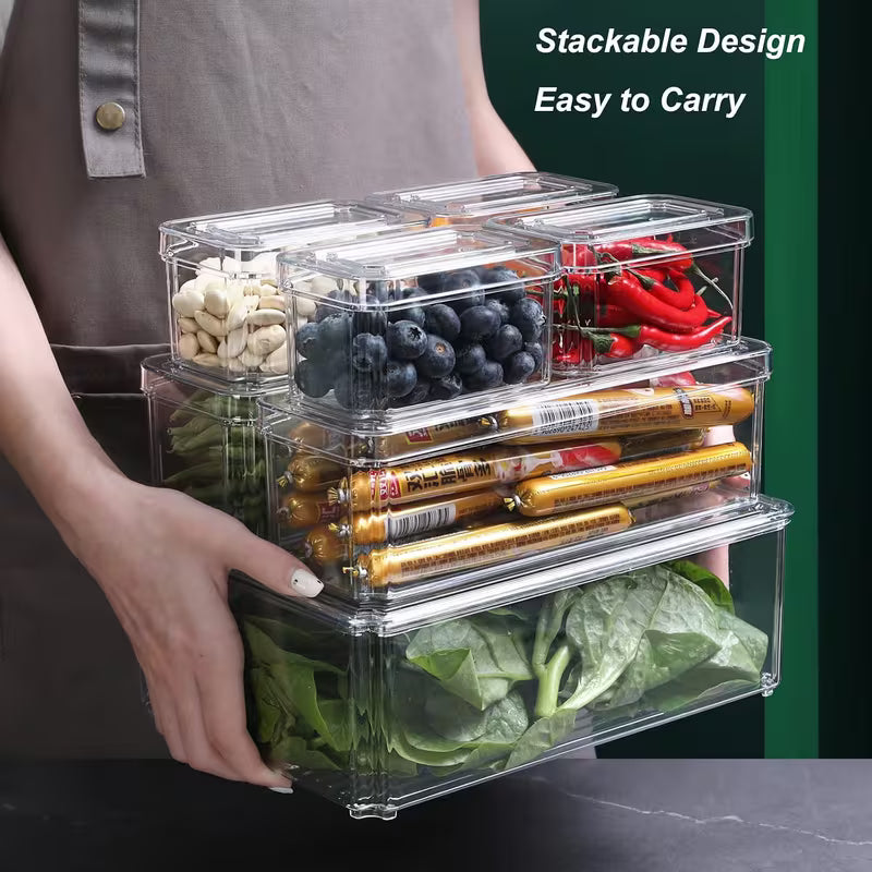 7 Pack Fridge Organizers and Storage with Lids - Clear Plastic Refrigerator Bins with Drain Trays - Stackable Produce Saver for Fruit, Veggies and Pantry, BPA-Free