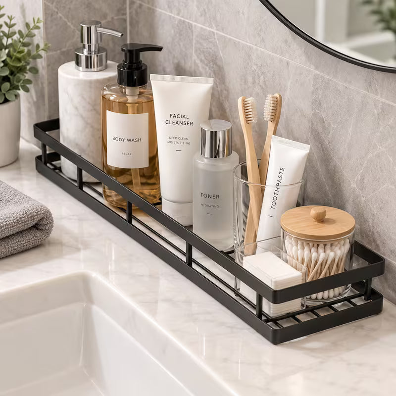 Wall Mounted Black Metal Storage Rack - 40 x 12 cm Kitchen, Bathroom and Shower Organizer Shelf