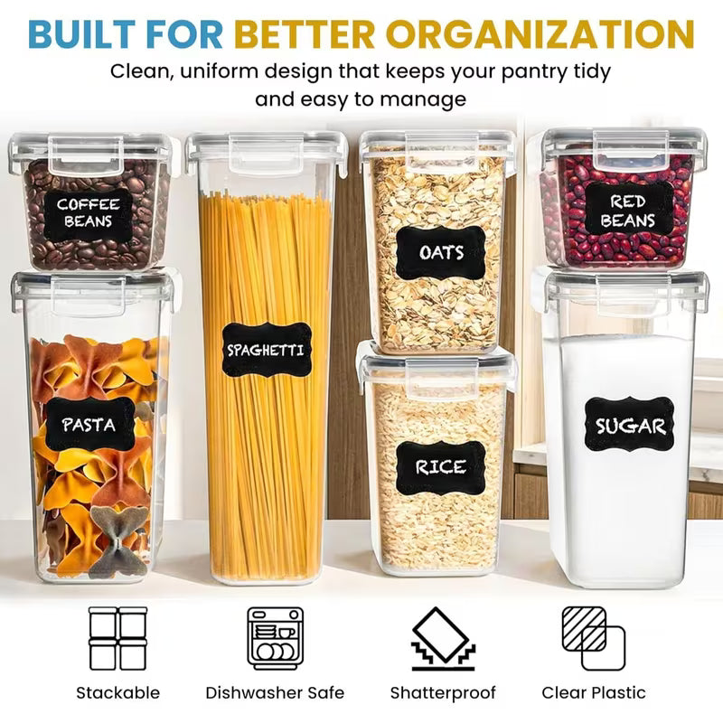7 Pack Airtight Food Storage Containers with Lids, BPA Free Kitchen Storage Containers for Spaghetti, Pasta, Dry Food, Flour and Sugar, Plastic Canisters for Pantry Organization and Storage with 10 Chalkboard Stickers and Marker