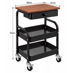 3-Tier Rolling Metal Storage Cart with Wooden Tabletop, Drawer and Lockable Wheels - Black, 40 x 31 x 75 cm