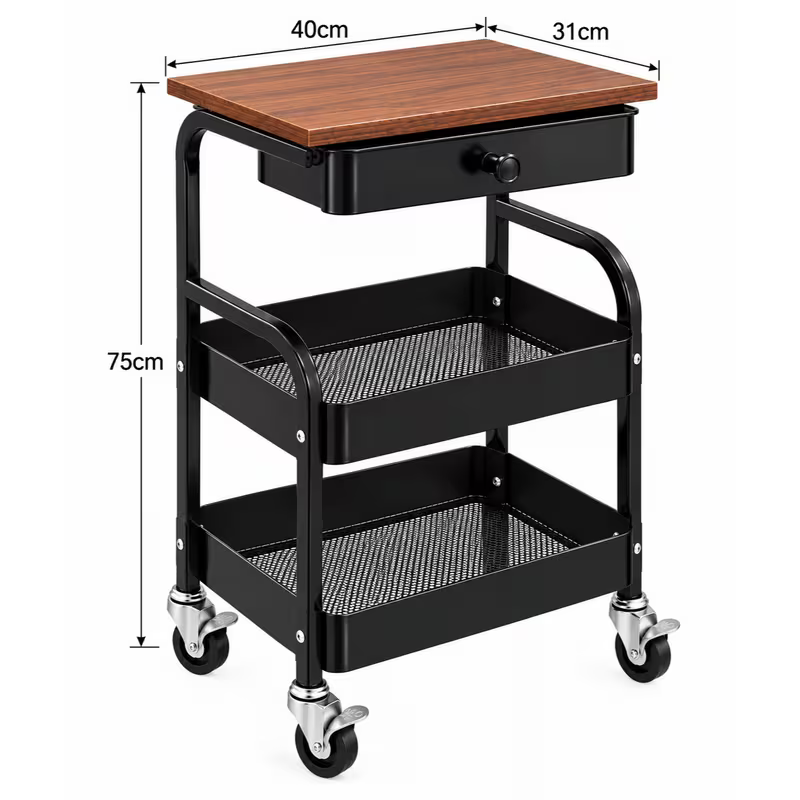 3-Tier Rolling Metal Storage Cart with Wooden Tabletop, Drawer and Lockable Wheels - Black, 40 x 31 x 75 cm