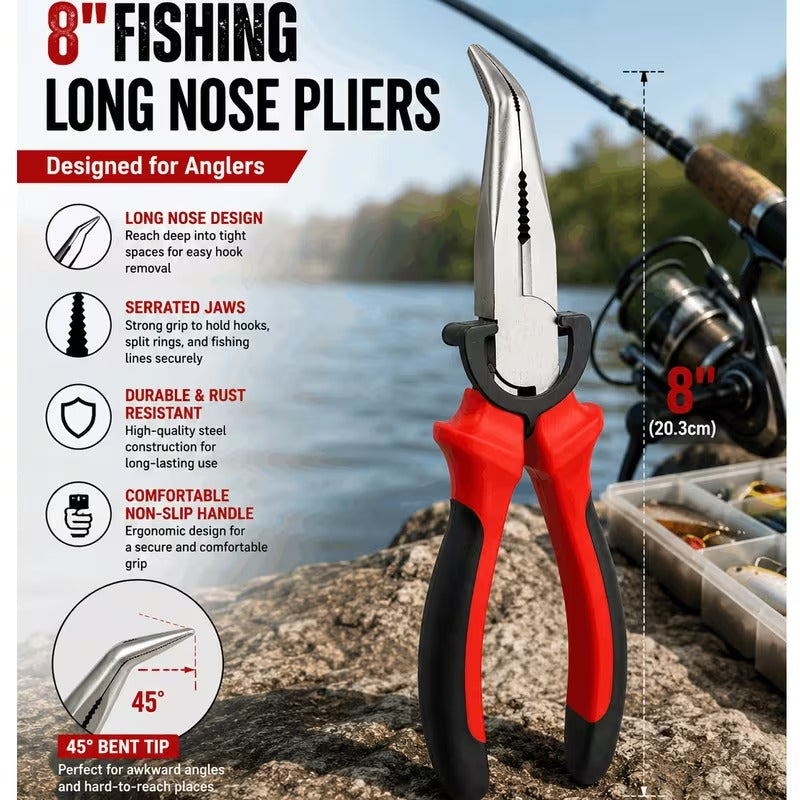 8 inch long nose fishing pliers with 45 degree bent tip