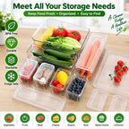 7 Pack Fridge Organizers and Storage with Lids - Clear Plastic Refrigerator Bins with Drain Trays - Stackable Produce Saver for Fruit, Veggies and Pantry, BPA-Free
