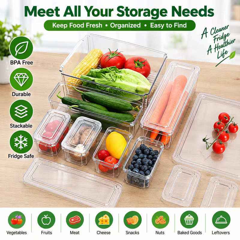 7 Pack Fridge Organizers and Storage with Lids - Clear Plastic Refrigerator Bins with Drain Trays - Stackable Produce Saver for Fruit, Veggies and Pantry, BPA-Free