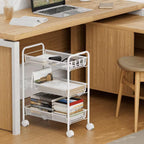 3-Tier Mesh Wire Rolling Storage Cart with Wheels and 4 Side Hooks - White