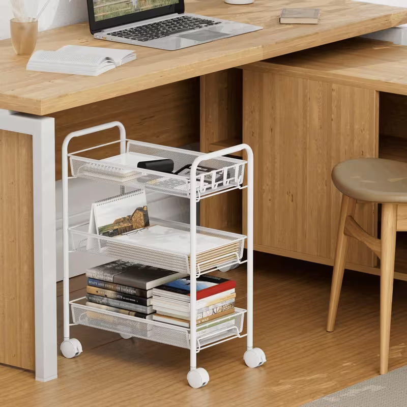 3-Tier Mesh Wire Rolling Storage Cart with Wheels and 4 Side Hooks - White