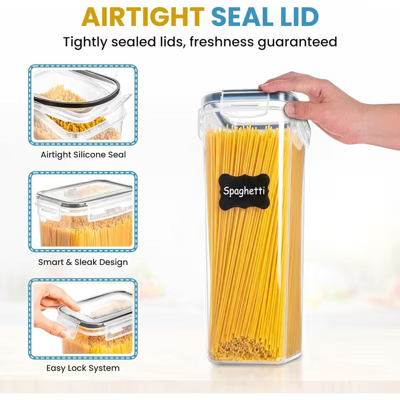 7 Pack Airtight Food Storage Containers with Lids, BPA Free Kitchen Storage Containers for Spaghetti, Pasta, Dry Food, Flour and Sugar, Plastic Canisters for Pantry Organization and Storage with 10 Chalkboard Stickers and Marker