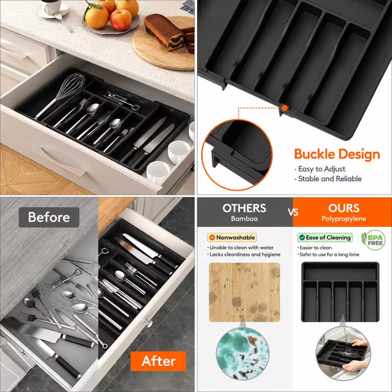 Large Expandable Cutlery Drawer Organizer - Adjustable Kitchen Tray for Spoons, Forks and Knives