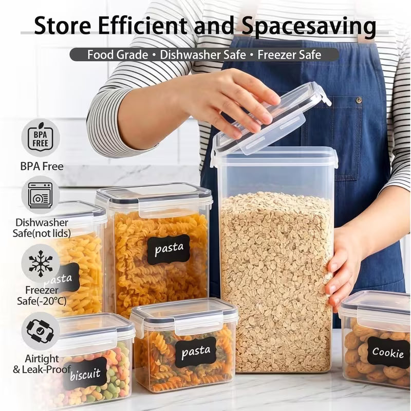 7 Pack Airtight Food Storage Containers with Lids, BPA Free Kitchen Storage Containers for Spaghetti, Pasta, Dry Food, Flour and Sugar, Plastic Canisters for Pantry Organization and Storage with 10 Chalkboard Stickers and Marker