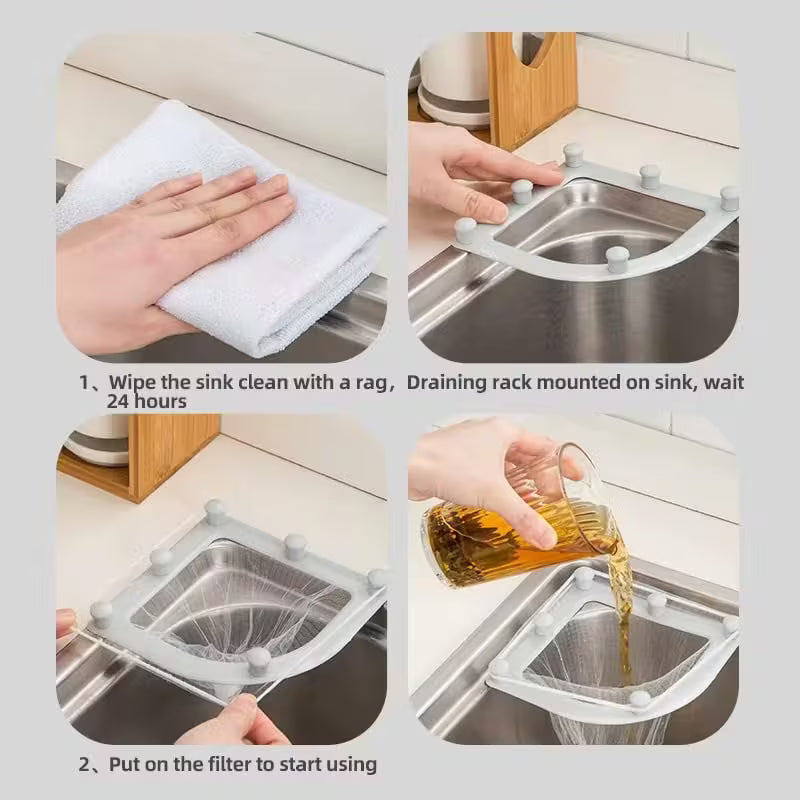 Triangular Kitchen Sink Strainer Rack with 50 Large Mesh Filter Bags - Grey