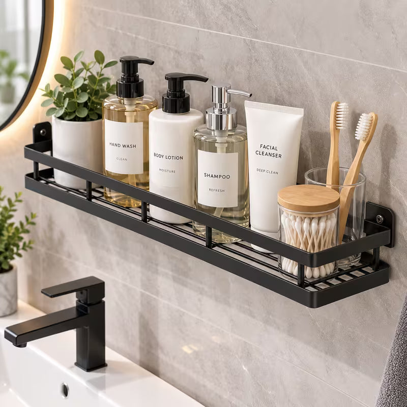 Wall Mounted Black Metal Storage Rack - 40 x 12 cm Kitchen, Bathroom and Shower Organizer Shelf
