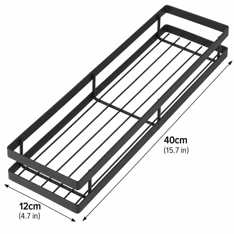 Wall Mounted Black Metal Storage Rack - 40 x 12 cm Kitchen, Bathroom and Shower Organizer Shelf