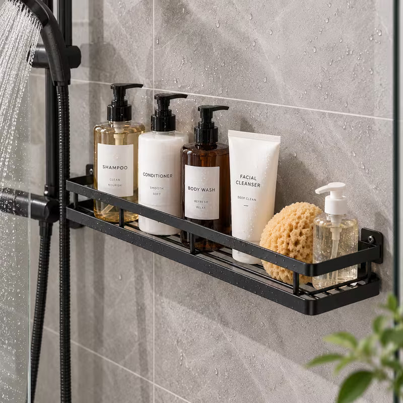 Wall Mounted Black Metal Storage Rack - 40 x 12 cm Kitchen, Bathroom and Shower Organizer Shelf