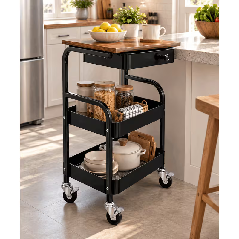 3-Tier Rolling Metal Storage Cart with Wooden Tabletop, Drawer and Lockable Wheels - Black, 40 x 31 x 75 cm