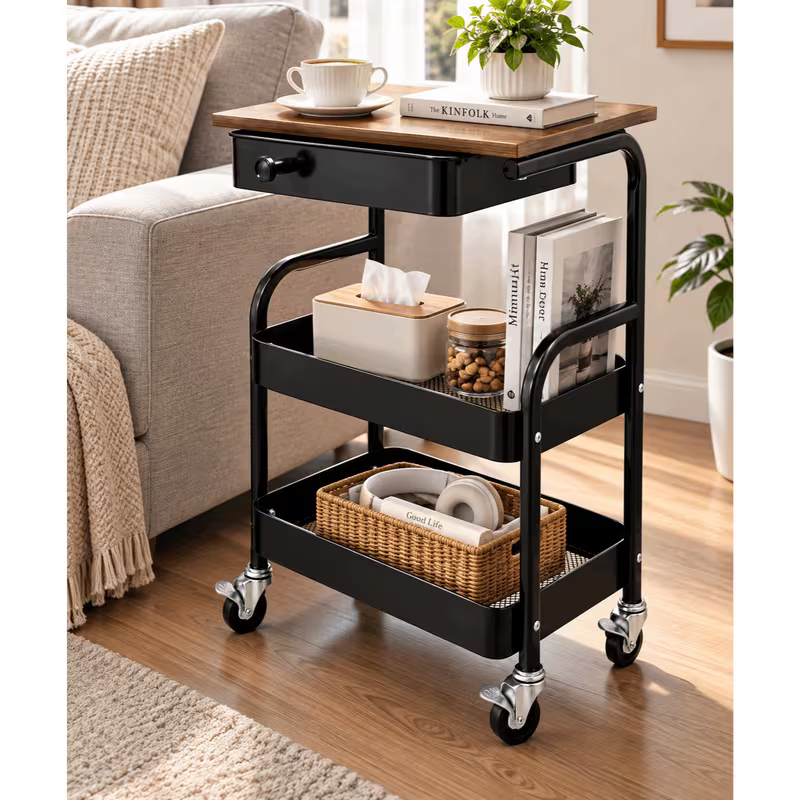 3-Tier Rolling Metal Storage Cart with Wooden Tabletop, Drawer and Lockable Wheels - Black, 40 x 31 x 75 cm