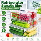 7 Pack Fridge Organizers and Storage with Lids - Clear Plastic Refrigerator Bins with Drain Trays - Stackable Produce Saver for Fruit, Veggies and Pantry, BPA-Free