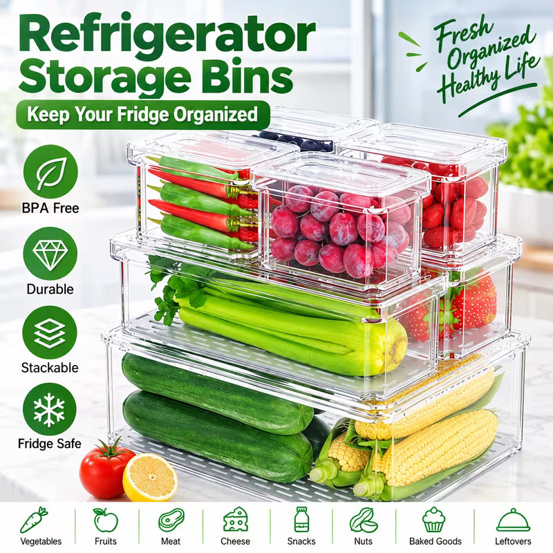 7 Pack Fridge Organizers and Storage with Lids - Clear Plastic Refrigerator Bins with Drain Trays - Stackable Produce Saver for Fruit, Veggies and Pantry, BPA-Free