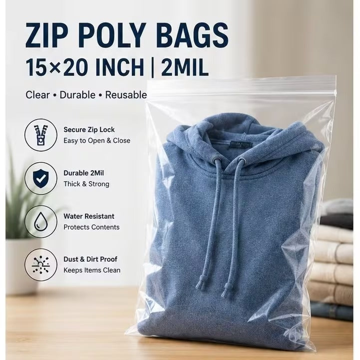 15x20 inch clear reclosable zip poly bags 100 pack