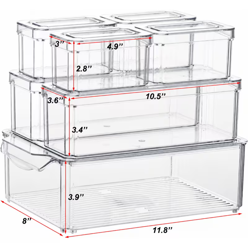 7 Pack Fridge Organizers and Storage with Lids - Clear Plastic Refrigerator Bins with Drain Trays - Stackable Produce Saver for Fruit, Veggies and Pantry, BPA-Free
