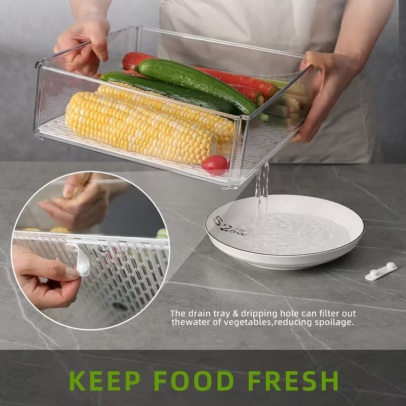 7 Pack Fridge Organizers and Storage with Lids - Clear Plastic Refrigerator Bins with Drain Trays - Stackable Produce Saver for Fruit, Veggies and Pantry, BPA-Free