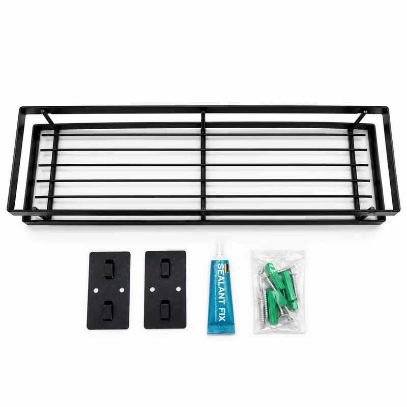 Wall Mounted Black Metal Storage Rack - 40 x 12 cm Kitchen, Bathroom and Shower Organizer Shelf
