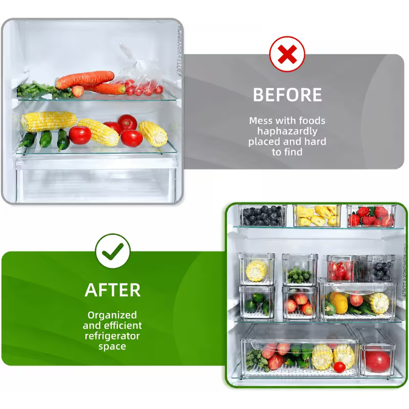 7 Pack Fridge Organizers and Storage with Lids - Clear Plastic Refrigerator Bins with Drain Trays - Stackable Produce Saver for Fruit, Veggies and Pantry, BPA-Free