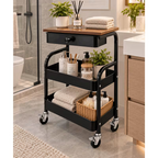 3-Tier Rolling Metal Storage Cart with Wooden Tabletop, Drawer and Lockable Wheels - Black, 40 x 31 x 75 cm
