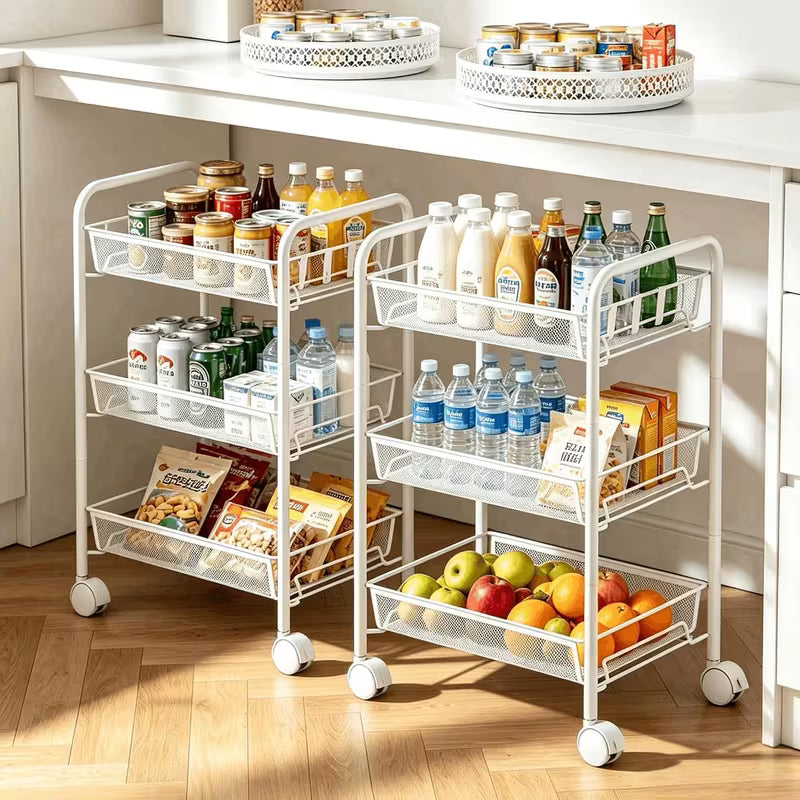 3-Tier Mesh Wire Rolling Storage Cart with Wheels and 4 Side Hooks - White