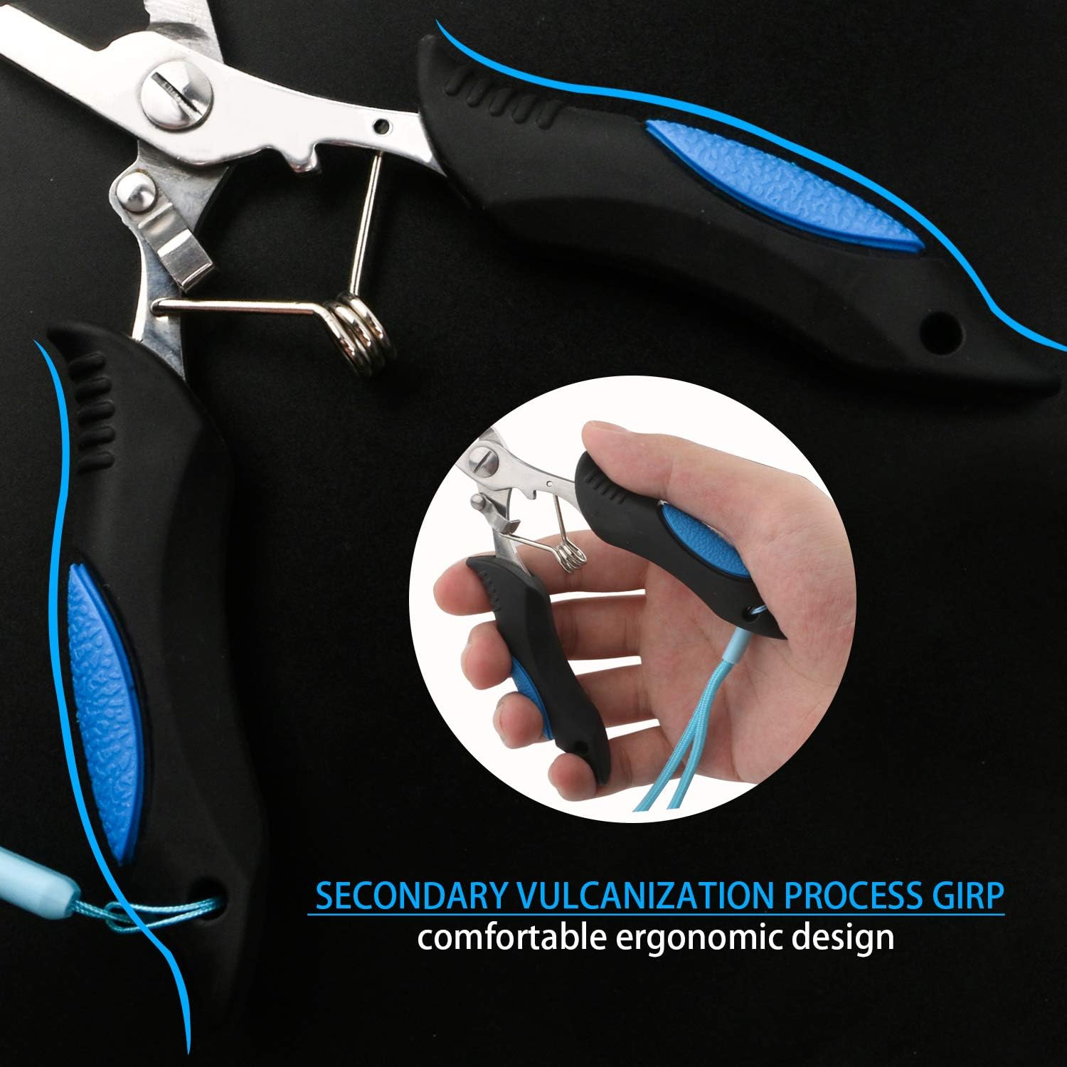 Close-up of ergonomic fishing pliers grip and spring return