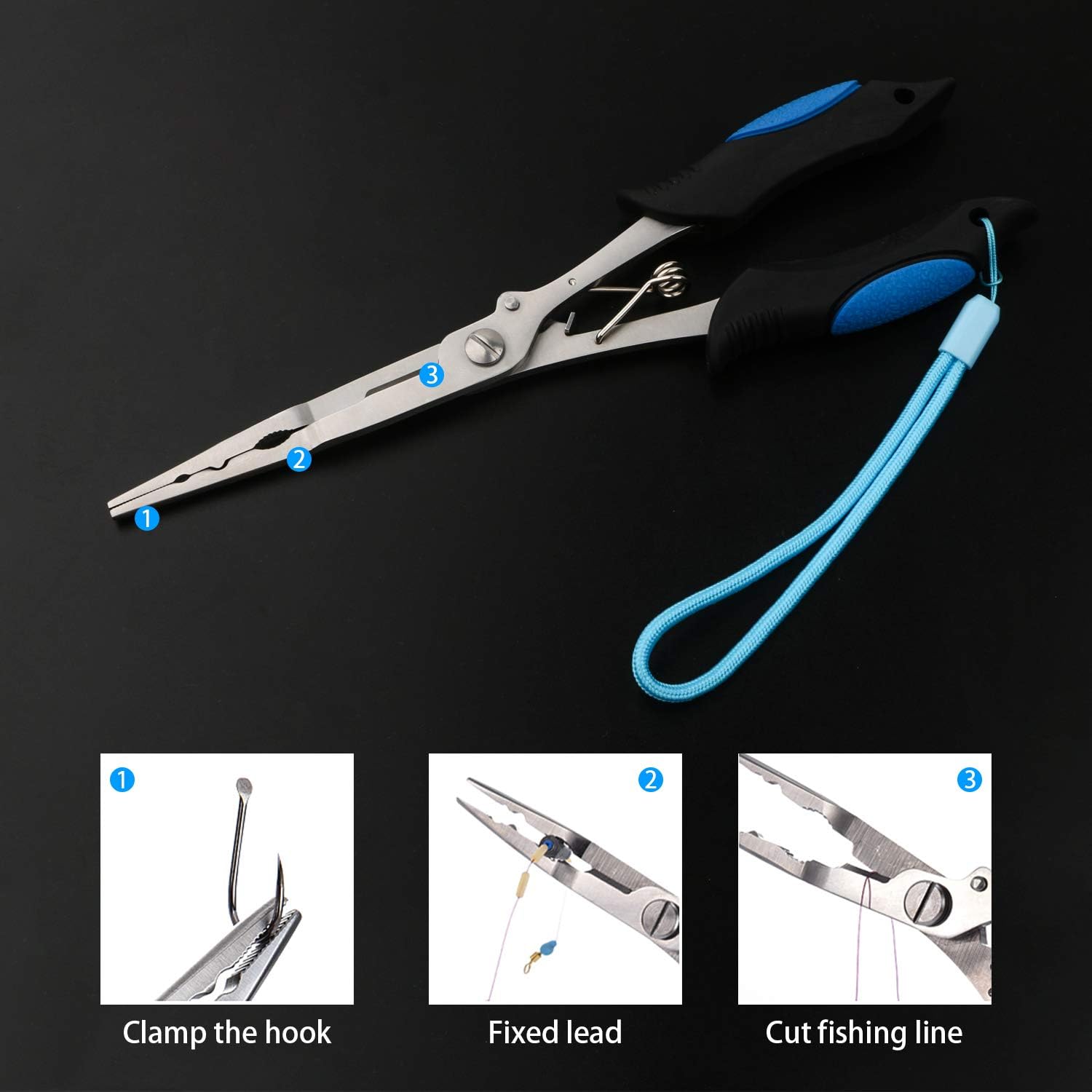 Fishing pliers functions for hook clamping, lead fixing, and line cutting
