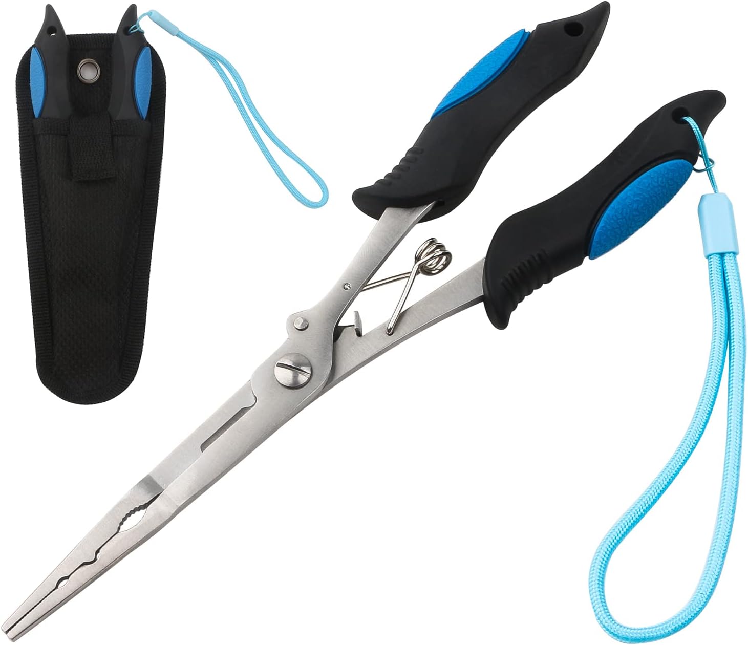 8.8 inch stainless steel fishing pliers with sheath and blue lanyard