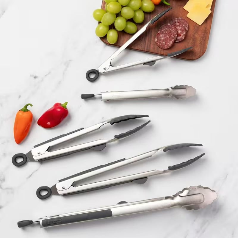 5-piece locking stainless steel kitchen tongs set with non-slip grip