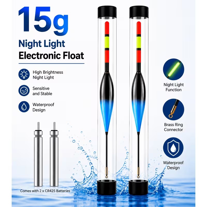 2-pack LED luminous electronic fishing float kit 15g with CR425 batteries