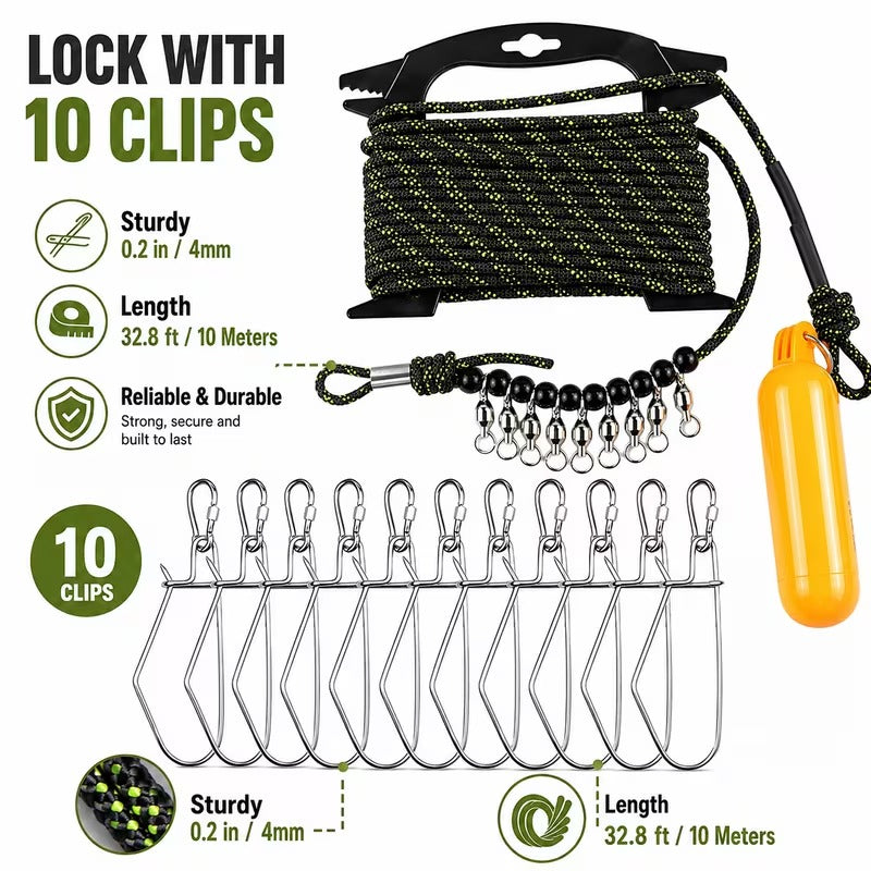 Live fish stringer stainless steel fish lock with 10 clips and 10 meter rope