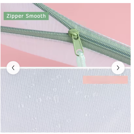 Close-up of smooth zipper and water-resistant mesh pouch material